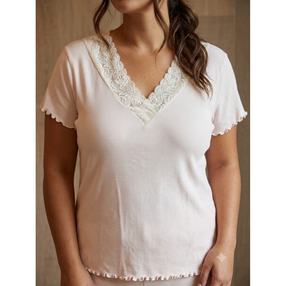 Lauren Ralph Lauren Pink Ribbed Cotton Lace V-Neck Pajama Top TShirt XL